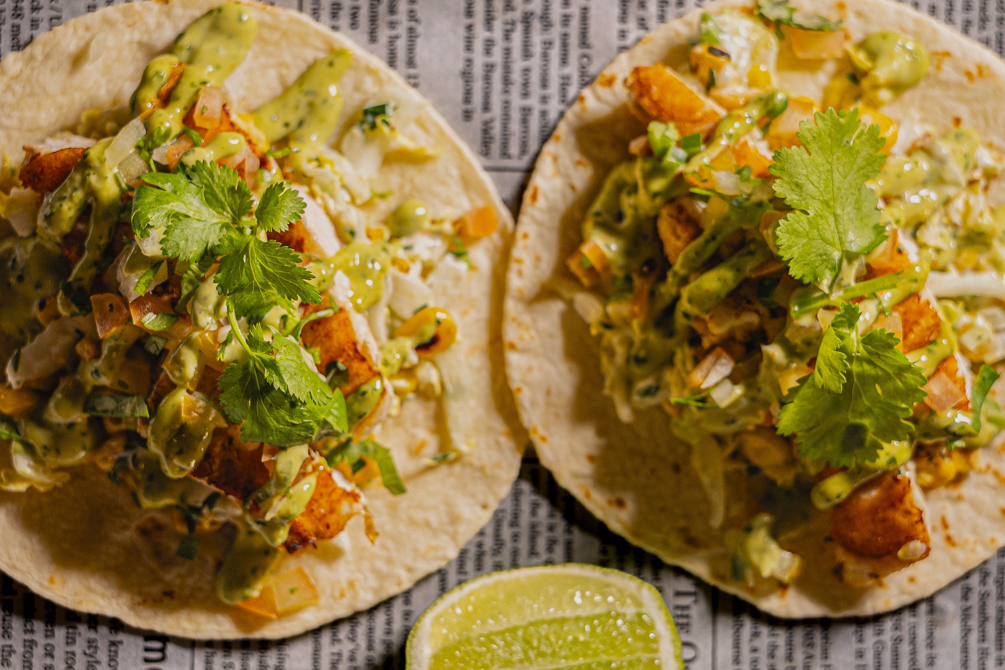 Two soft fish tacos with Snapper from Mooloolaba Fisheries.