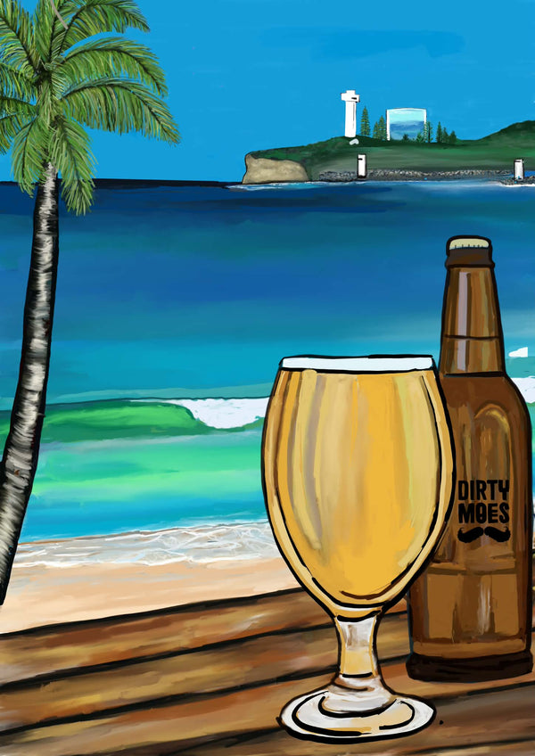 A tropical beach scene illustration with a palm tree, blue ocean, sandy shore, and a lighthouse in the distance. In the foreground, a glass of golden beer and a brown bottle labeled 'DIRTY MOES' rest on a wooden surface as one of the option for Sip and Paint